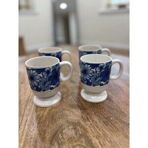 Vintage Set Of (4) Blue Flower Pedestal Mugs Cups MCM Coffee Retro Mod 60s 70s